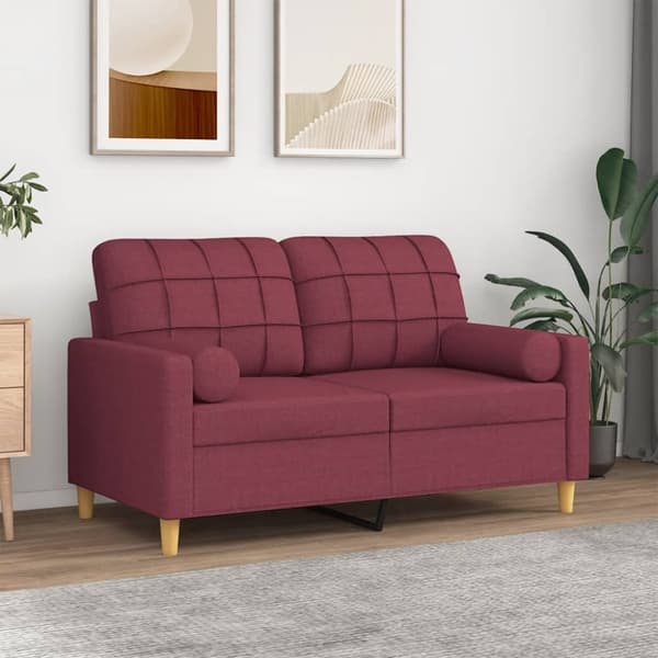 2-sits soffa med prydnadskuddar vinröd 120 cm tyg