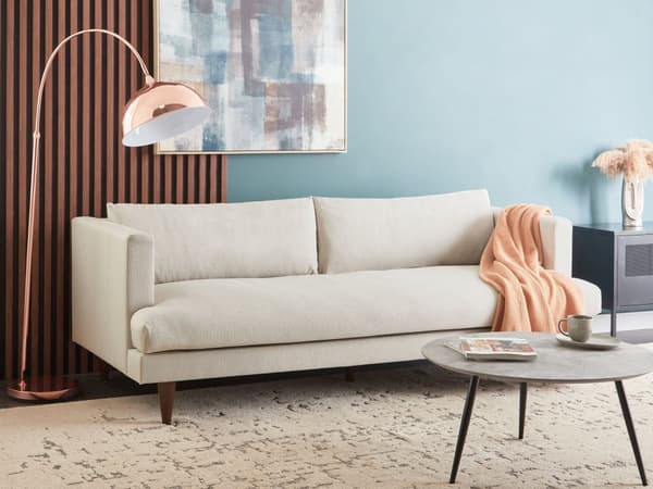 Sofa Lysebeige Beige Stoff 3-seters Polstret Ryggputer Mørk treben Stue Moderne stil