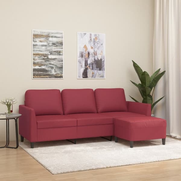 3-sitssoffa med fotpall vinröd 180 cm konstläder