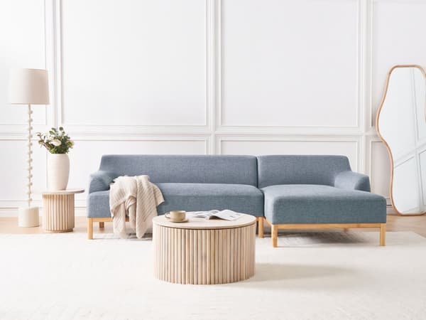 Hjørnesofa med Chaiselong Blå Polyester 3 Personers Sofa L Formet Sofa Dyb Blød Stofsofa Design Venstrevendt