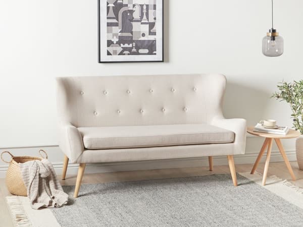 Sofabænk Beige Polyester 2 Personers Køkkensofa Øreklap Design Sofa Wingback Stofsofa med Træben