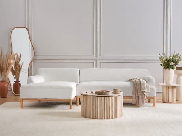 Hjørnesofa med Chaiselong Off White Boucle 3 Personers Sofa L Formet Sofa Dyb Blød Stofsofa Design Højrevendt