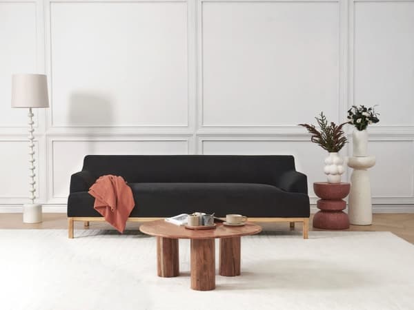 Soffa 3-sits Svart Polyester Tyg Träben Vardagsrum Stilfull Elegant