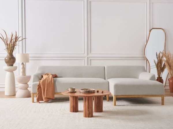 Soffa Vänster Ljusbeige Polyester Tyg Träben Vardagsrum Stilfull Elegant
