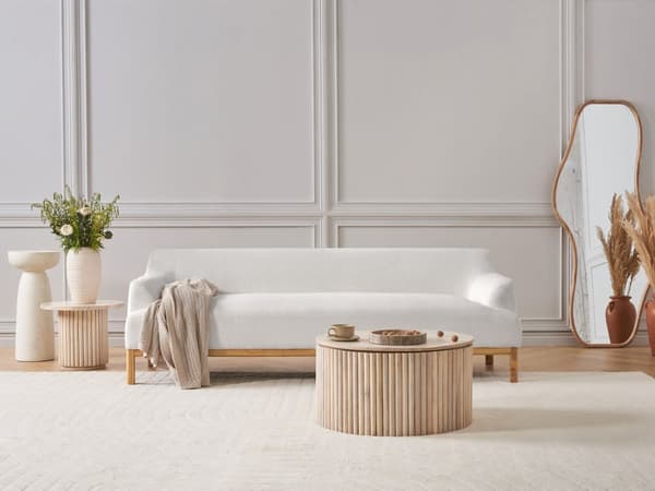 Soffa 3-sits Off-White Bouclétyg Träben Vardagsrum Stilfull Elegant