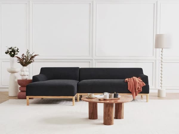 Soffa Höger Svart Polyester Tyg Träben Vardagsrum Stilfull Elegant