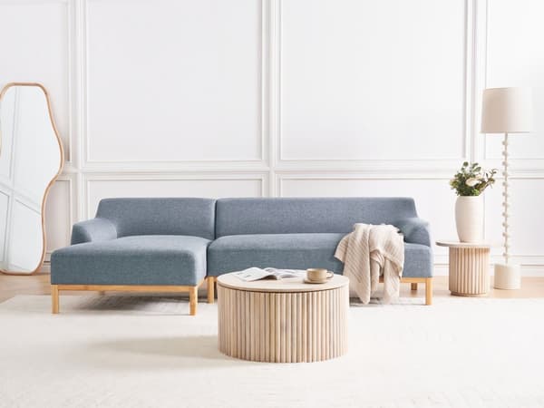 Soffa Höger Blå Polyester Tyg Träben Vardagsrum Stilfull Elegant