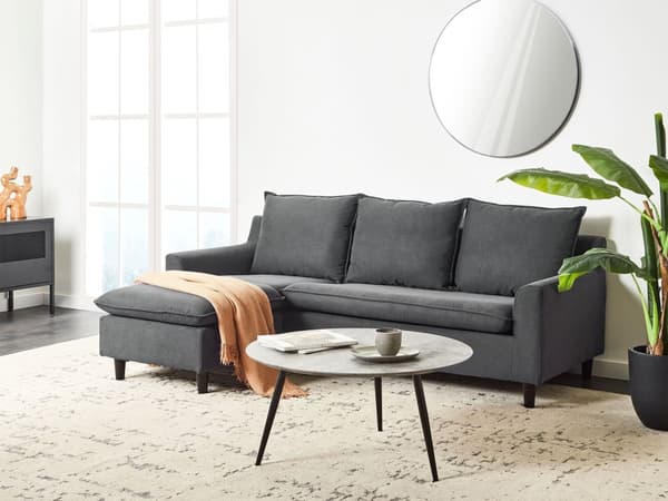Hjørnesofa med Chaiselong Mørkegrå Polyester 3 Personers Sofa L Formet Sofa Dyb Blød Stofsofa Design Højrevendt