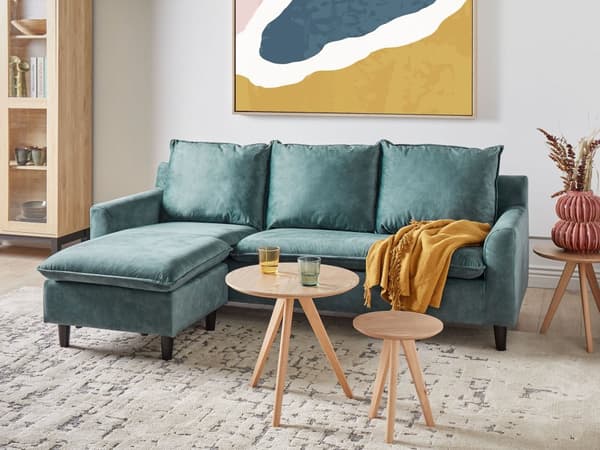 Hjørnesofa Blågrønn Fløyel 3-seter L-form Treben Ryggputer Sjeselong Høyrevendt Klassisk og moderne design Sofa Stue