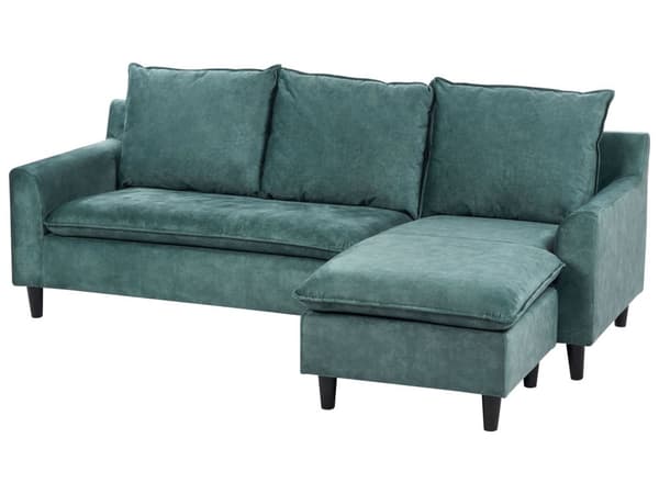 Hjørnesofa Blågrønn Fløyel 3-seter L-form Treben Ryggputer Sjeselong Venstrevendt Klassisk og moderne design Sofa Stue