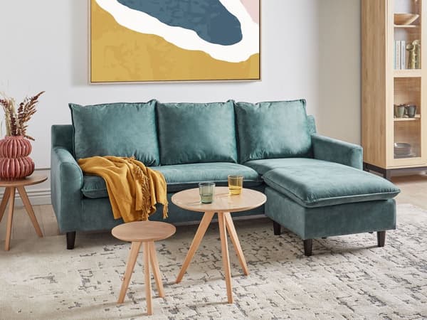 Hjørnesofa Blågrønn Fløyel 3-seter L-form Treben Ryggputer Sjeselong Venstrevendt Klassisk og moderne design Sofa Stue