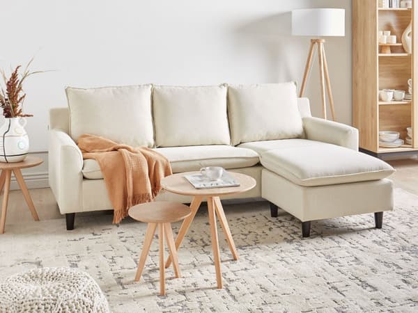 Hörnsoffa Vänster Beige Tygklädsel Träben Schäslong Kudde Rygg