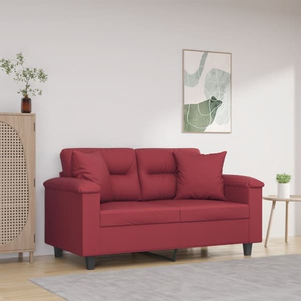 2-sits soffa med prydnadskuddar vinröd 120 cm konstläder