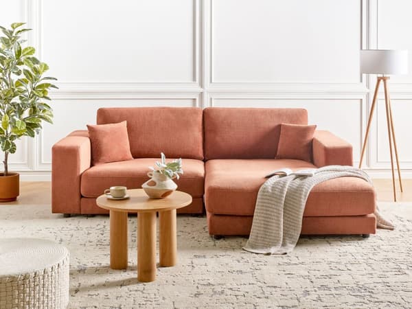 Hörnsoffa Vänster 3-sits Ljusröd Tyg Stoppad Armstöd Extra Kuddar Minimalistisk Modern Stil