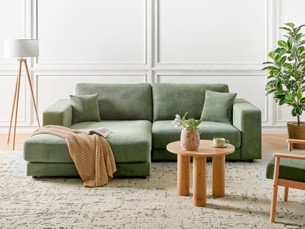 Hörnsoffa Höger 3-sits Grön Tyg Stoppad Armstöd Extra Kuddar Minimalistisk Modern Stil