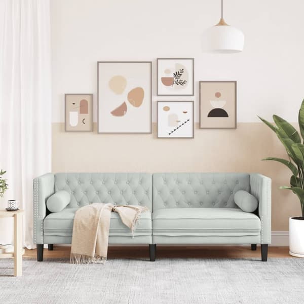 Chesterfield-sohva varrella, 3-istuttava, vaaleanharmaa, sametti