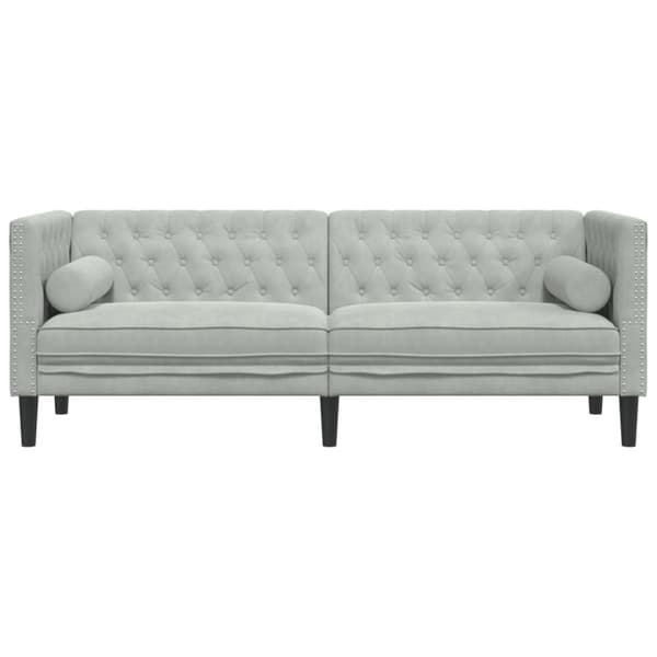 Chesterfield-sohva varrella, 3-istuttava, vaaleanharmaa, sametti