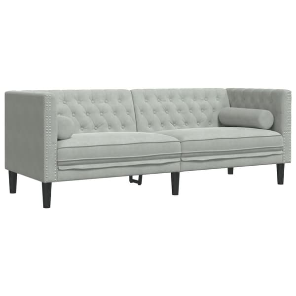 Chesterfield-sohva varrella, 3-istuttava, vaaleanharmaa, sametti