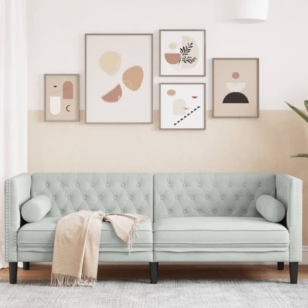 Chesterfield-sohva varrella, 3-istuttava, vaaleanharmaa, sametti