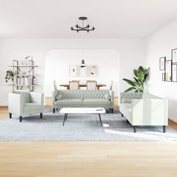 3-osainen Chesterfield-lounge, jossa rullat, vaaleanharmaa, sametti