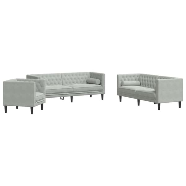3-osainen Chesterfield-lounge, jossa rullat, vaaleanharmaa, sametti