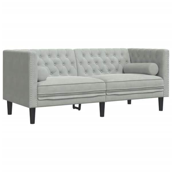 Chesterfield-sohva varrella, 2-istuttava, vaaleanharmaa, sametti