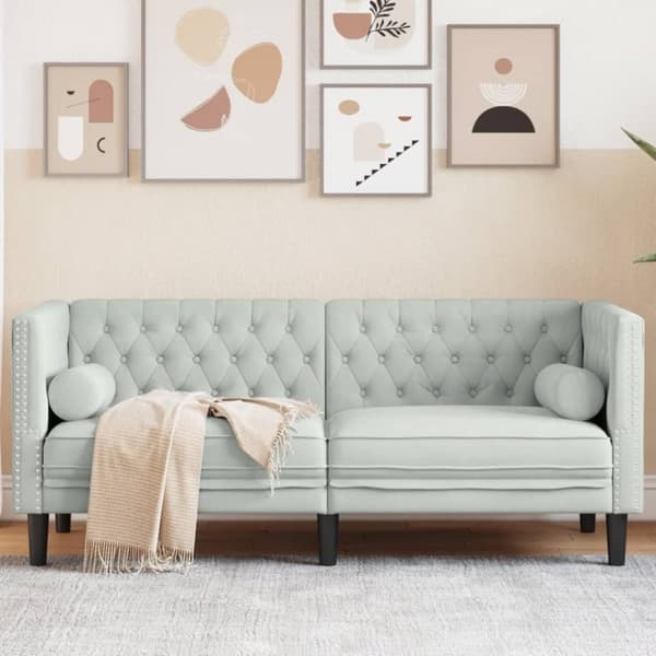 Chesterfield-sohva varrella, 2-istuttava, vaaleanharmaa, sametti