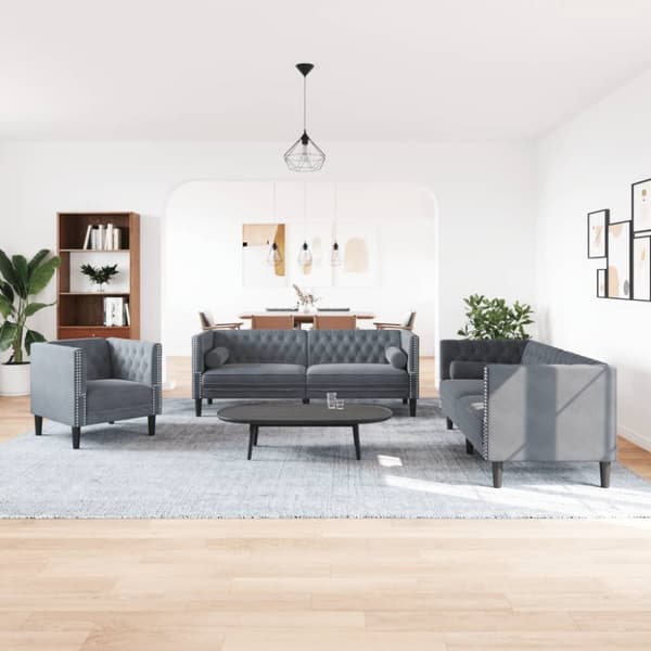 3-personers Chesterfield-sofasæt med puder fløjl mørkegrå