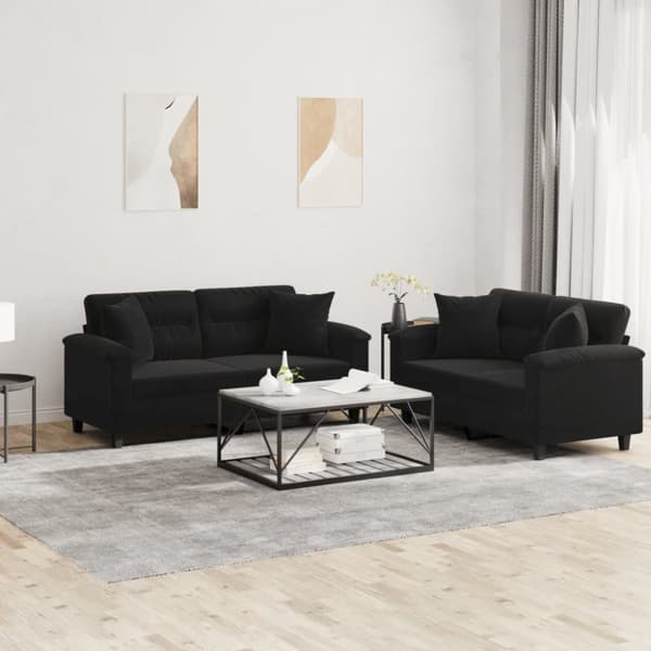 Soffgrupp med kuddar 2 delar svart mikrofibertyg