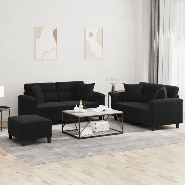 Soffgrupp med kuddar 3 delar svart mikrofibertyg