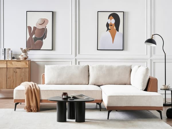 Hörnsoffa Vänster Modulsoffa Beige Brun Polyester Konstläder Stålben Dynor Vardagsrum