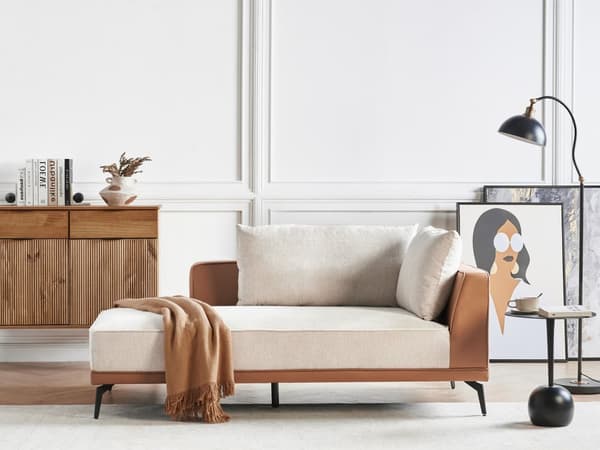 Hörnsoffa Höger Modulsoffa Beige Brun Polyester Konstläder Stålben Dynor Vardagsrum