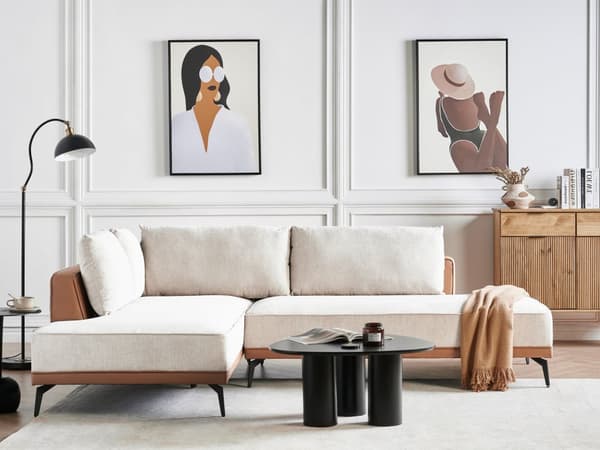 Hörnsoffa Höger Modulsoffa Beige Brun Polyester Konstläder Stålben Dynor Vardagsrum