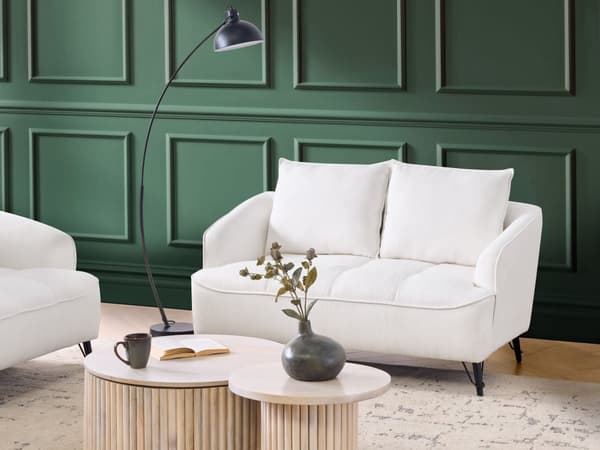 Sofa Hvit Boucle Polstring Tre Ramme Stue 2 Seter Moderne Stil Design Til Stue