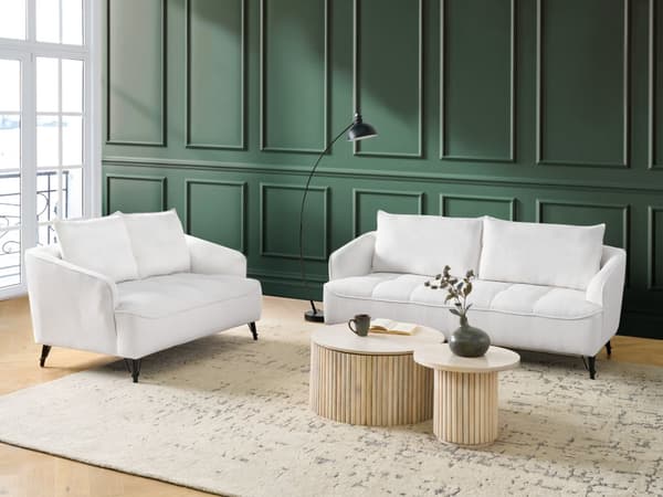 Sofa Hvit Boucle Polstring Tre Ramme Stue 3 Seter Moderne Stil Design Til Stue