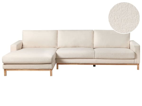 Højrevendt hjørnesofa hvid kraftig boucle beklædning træben stilfuld moderne stil