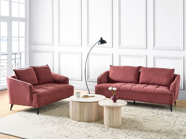 Sofa Bordeaux Polyester 2 Personers Tyk Polstret Dyb Blød Stofsofa til Stuen Moderne Inspiration Stue Møbel Klassisk