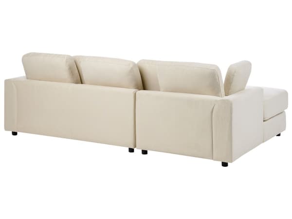 Hjørnesofa lys beige stofbetrukket L-formet højre side til stue opholdsrum