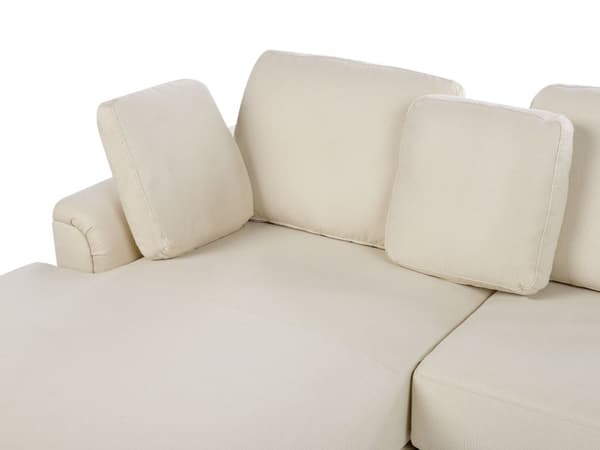 Hjørnesofa lys beige stofbetrukket L-formet højre side til stue opholdsrum