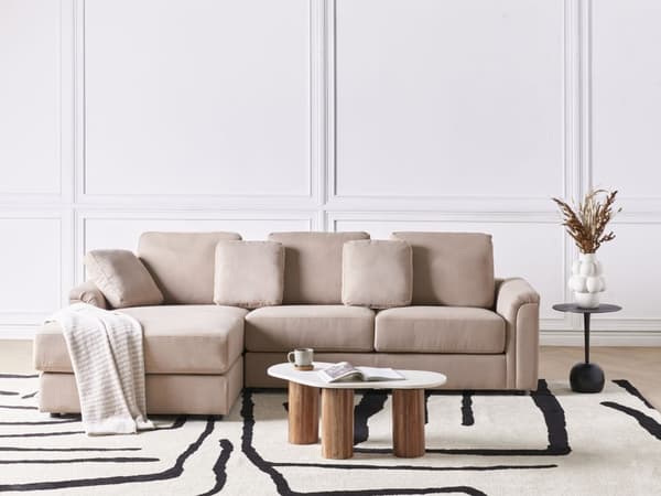 Hjørnesofa taupe stofbetrukket L-formet højre side til stue opholdsrum