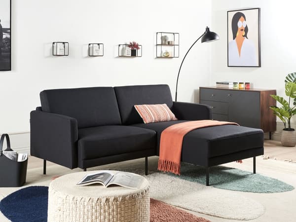 Hörnsoffa Vänster Polyester Svart 192 x 155 cm Soffa 2-sits Möblerad Metallben Vävt Tyg Kuddad Rygg Minimalistisk Modern