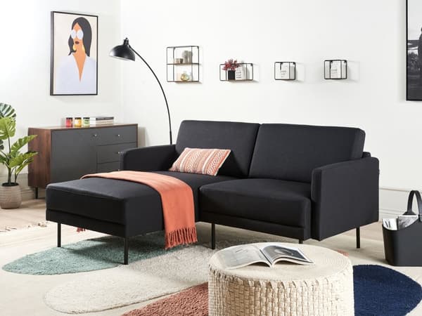 Hörnsoffa Höger Polyester Svart 192 x 155 cm Soffa 2-sits Möblerad Metallben Vävt Tyg Kuddad Rygg Minimalistisk Modern