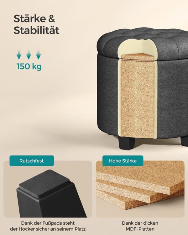 Rootz Opbevaring Ottoman - Fodstøttesæde - Pladsbesparende skammel - MDF-ramme - Linnedbetræk - 45 cm x 45 cm x 44,5 cm