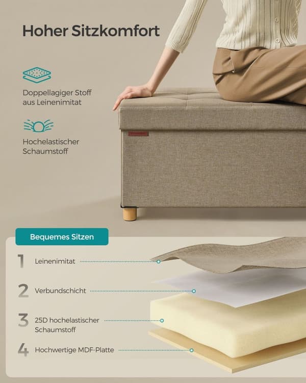 Rootz Opbevaringsskammel - Osmannisk med rum - Kamelbrun - MDF - Imiteret linned - Højelastisk skum - 38 cm x 110 cm x 40 cm