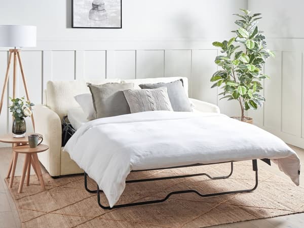 Sovesofa Lys Beige Boucle Stoff Polstret Sovesofa Funksjon Moderne Design til Stue