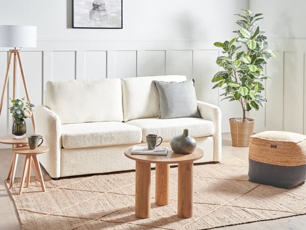 Sovesofa Lys Beige Boucle Stoff Polstret Sovesofa Funksjon Moderne Design til Stue