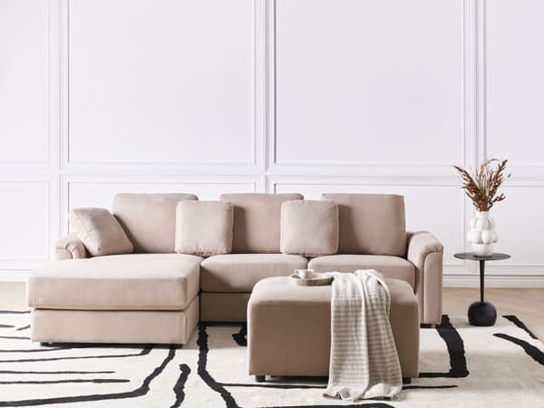 Hörnsoffa Taupe Tyg Stoppad med Fotpall L-formad Höger Modern Stil Vardagsrum