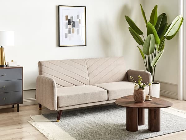 Bäddsoffa 3-sits Konstlinne Ljusbrun Konvertibel Träben Modern Vardagsrum Linne