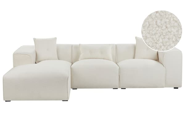 Hjørnesofa Off White Boucle 3-seter Høyrevendt Ekstra Pynteputer Moderne Stue Innredning