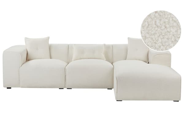 Hjørnesofa Off White Boucle 3-seter Venstrevendt Ekstra Pynteputer Moderne Stue Innredning